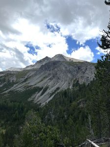 Weitläufige Gebirgslandschaft mit hohen, felsigen Bergen, die von markanten Schutthalden durchzogen sind. Darunter erstreckt sich ein dichter Nadelwald. Der Himmel ist teilweise von großen, grauen Wolken bedeckt, lässt aber auch blauere Stellen erkennen.